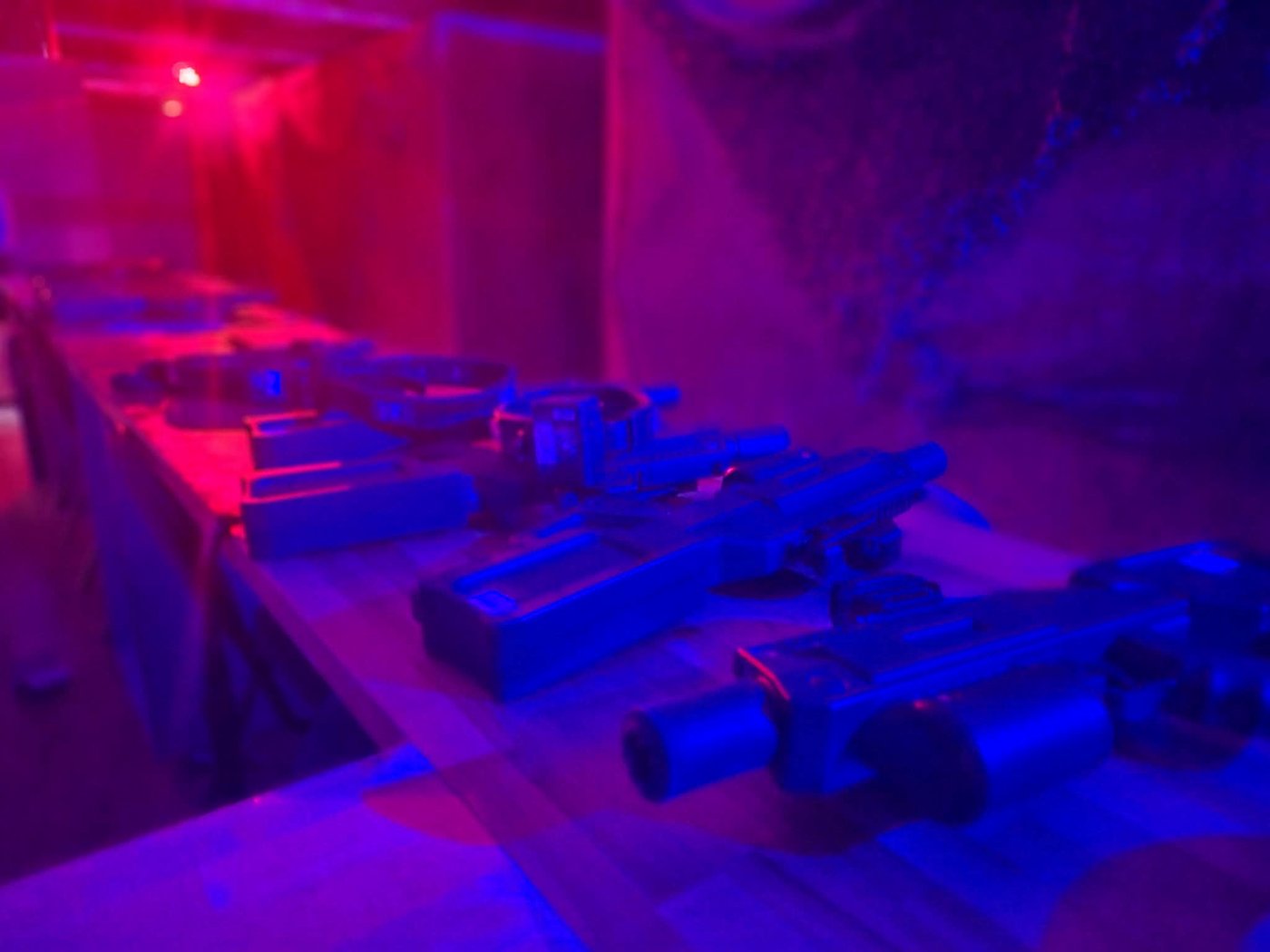 Laser tag guns lined up at Operation Outbreak Branson MO